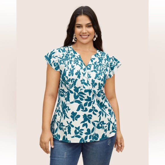 BloomChic Plus Size 2XL Silhouette Floral Print Notched Collar Pleated Blouse - Picture 5 of 7